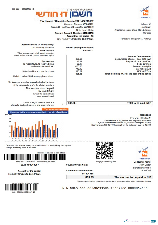 Israel Electric Corporation utility bill template in Word and PDF format (.doc and .pdf), in English